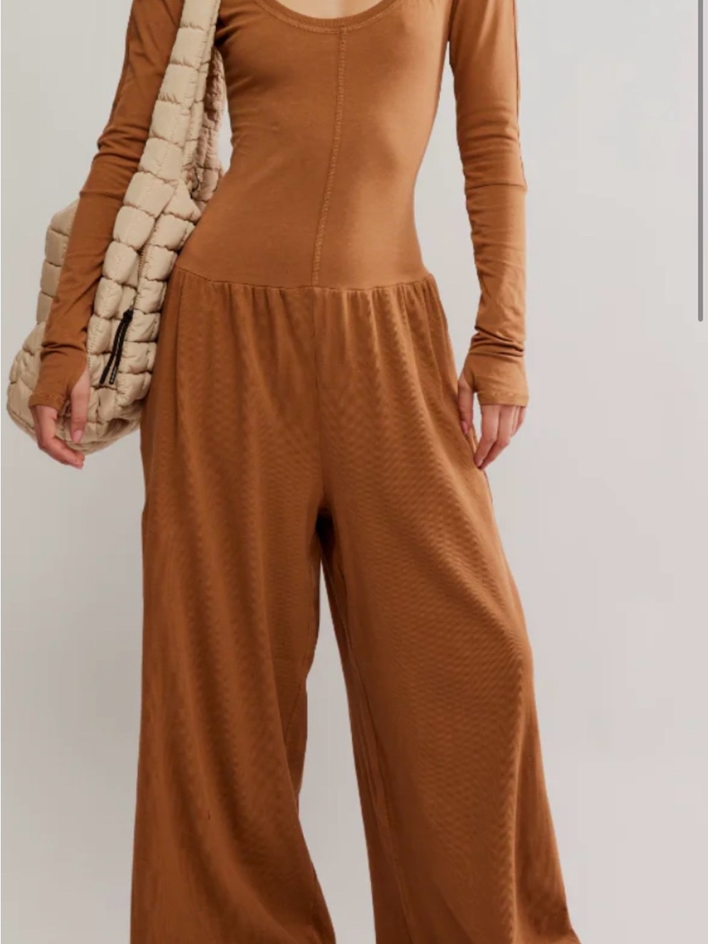 Free People Ribbed Wide-Leg Jumpsuit in Caramel